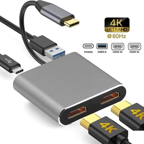 4 in 1 USB C to Dual HDMI Adapter 4K USB 3.0 Type C HUB Converter Port PD Charge