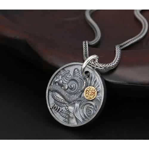 925 Sterling Silver Jewelry Personality DIY Crystal Bracelet 2017 Accessories Retro Dyed Black Lion Round Small Pendant