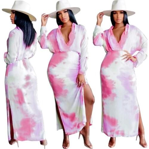 Chiclover Maxi Dresses for Women Wholesale Items Temperament V Neck Tie Dye Dress Casual Sexy Slit High Waist Dress Dropshipping