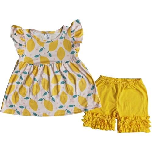 2021 Toddler Set Baby Girls Hot Summer Cool Fashion Fly Sleeve Lemon Print Tops+Solid Yellow Ruffles Shorts Childrens Outfits
