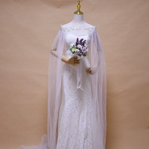 Handmade Elegant Long Capes Womens Capes For Wedding Pearl Embellishment Chiffon 3M White Bridal Shawls Wraps For Bridesmaid