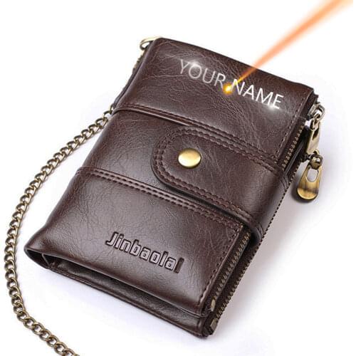 JINBAOLAI Men Wallets Name Customized PU Leather Short Card Holder Chain Men Purse High Quality Brand Male wallet