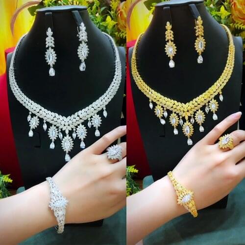 KellyBola Jewelry High Quality Luxury Zircon Necklace Bracelet Earring Ring 4PCS Womens Wedding Banquet Exquisite Jewelry Set