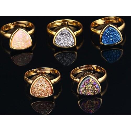 ShinyGem 2020 10mm Triangle Crystal Opal Rings Adjustable Size Natural Druzy Rings Fashion Gold Plating Wedding Rings For Women