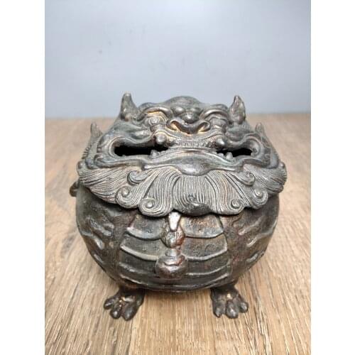 6"Tibet Buddhism Old Bronze Lacquer Cinnabar Four-legged beast incense burner Fire Kirin Incense burner Town House Exorcism