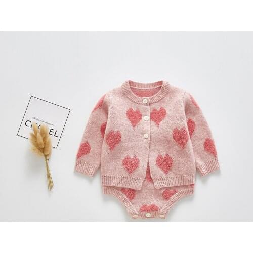 Autumn winter baby girls child 0-24M suit cotton love sweater coat + straps cloth climb clothes two-piece outfit