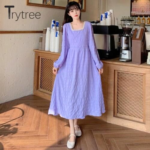 Trytree 2021 Spring Summer Womens Dress Casual Lace Square Collar Puff Sleeve Elastic Waist Mid-Calf A-line Solid Vintage Dress