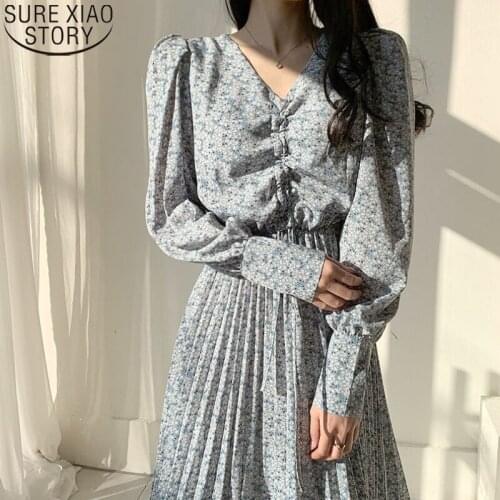 Korean Chic V-neck Ruffled Puff Long Sleeves Dress Spring Vintage Long Dress Elegant Floral Printed Pleated Chiffon Dresses 9968