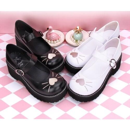 2019 Sweet Lolita Cosplay Striped High Heels Embroidery Cat Mary Jane Shoes