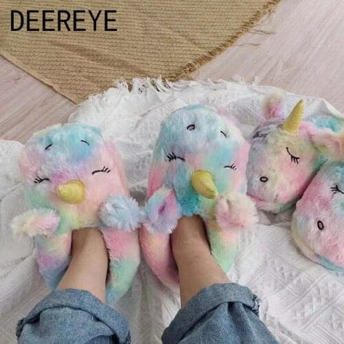 Comfortable Cute Unicorn Womens Winter Plush Warm Slides Flat Home Soft Slippers Mules Luxury Designer Princess Christmas Shoes