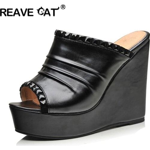 REAVE CAT Wedge Sandals Mules Slippers Peep toe Platform High heel Black White Orange Rhinestone Pleated Summer Ladies ZL022