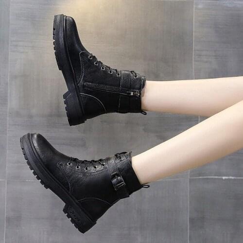 Women Ankle Martin Boots Autumn Winter Female Casual Shoes Flat Vogue Platform Round Toe Lace Up Zip Black Solid Comfortable