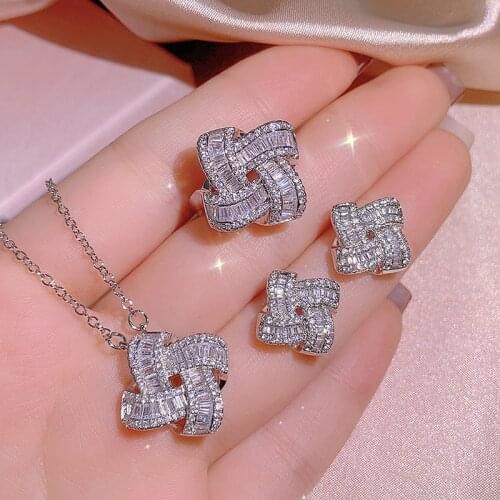 Chic Clover Crystal Zircon Diamond Gemstones Pendant Rings Earrings for Women White Gold Color Wedding Jewelry Sets Trendy Gifts