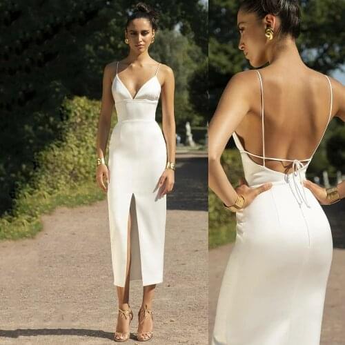 Fivsole High Waist Short Satin Wedding Dresses Spaghetti Straps Backless Vestidos De Novia 2021 V Neck Sheath Wedding Gowns