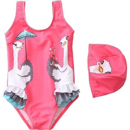 2020 girls swimwear European and American new baby swimwear cute red ostrich hat baby childrens one-piece swimsuit XYY-7