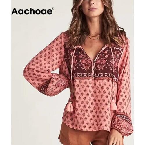 Aachoae Bow Neck Floral Print Vintage Blouse Women Lantern Long Sleeve Female Elegant Shirt Retro Ladies Tunic Tops Blusas Mujer
