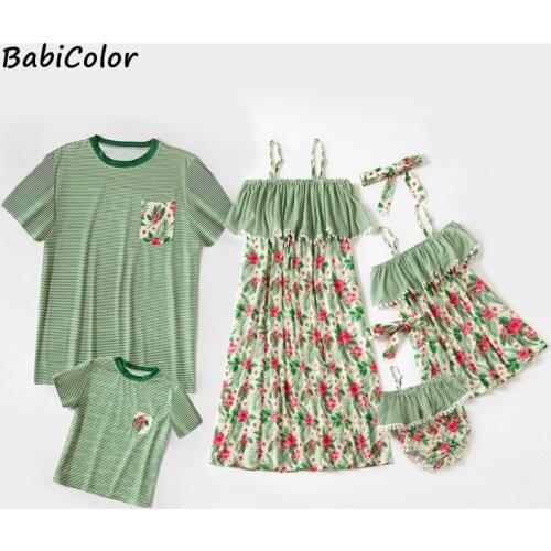 BabiColor New Arrival Family Matching Cute Green Stripes Series Series Sets( Sling Dress - T-shirts - Rompers) Family Look