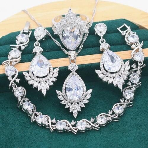 Noble 925 Silver Jewelry Set for Women Party White Topaz Bracelet Earrings Ring Wedding Necklace Christmas Free Gift Box