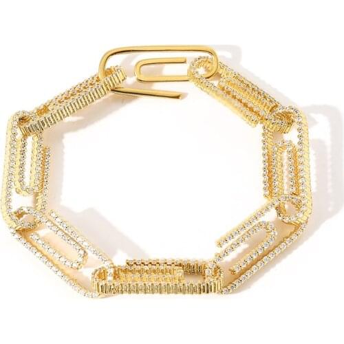 Hip Hop Micro Paved AAA+ Cubic Zirconia Bling Iced Out Paper Clip Pin Link Chain Bangles Bracelets for Men Women Rapper Jewelry