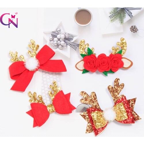 CN Glitter Christmas Hair Clips For Girls Kids Sequin Antlers Hairball Hair Bows Hair Barrettes Hair Accessories