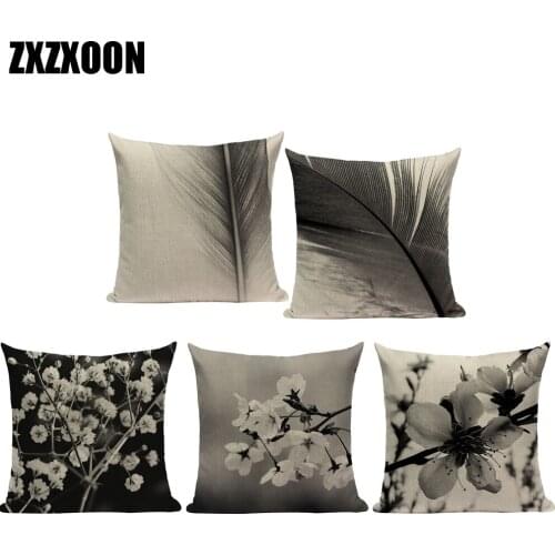 Decorative Throw Pillows Black White Plant Flower Vintage Building Polyester Cushion Cover for Sofa Home Car Almofadas
