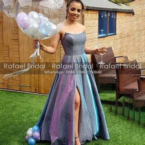 Sleeveless shiny prom dresses elegant purple sequin prom dress long puffy a line strapless party gown for women with side split