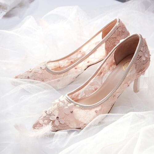 Fairy gauze pink wedding shoes women 2019 new lace openwork high-heeled dress shoes brides fine-heeled bridesmaids shoes