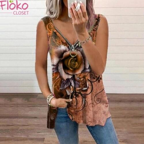 Flokocloset Summer V-Neck Zipper Rose Print Tank Tops Casual Spaghetti Strap Fashion Loose Womens Vest