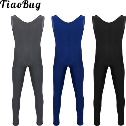 TiaoBug Adult One-piece Scoop Neck Sleeveless Skin-Tight Solid Color Men Ballet Gymnastics Unitards Fitness Bodysuit Dancewear