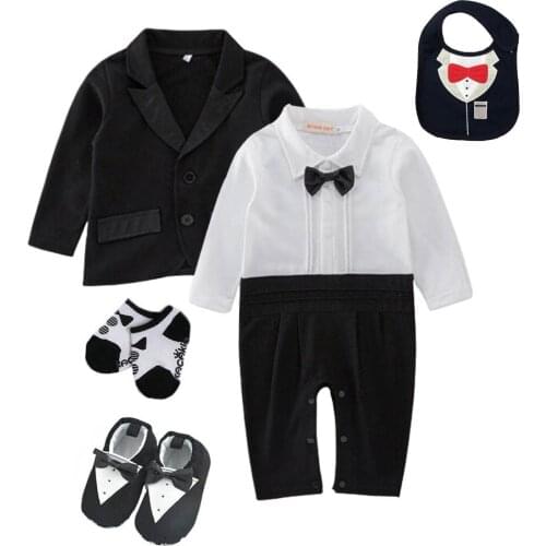 Newborn baby boys outfits suit wedding party tuxedo 0-3 m 6-12 m bodysuit+coat+bib+socks+shoes baby boys cotton bodysuit