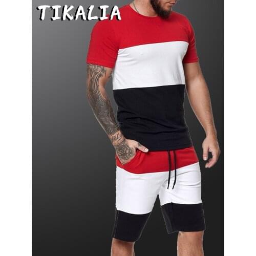 Mens Clothes Summer Patchwork Tracksuit Short Sleeve 2 Piece Sports Workout Clothing Men Shorts Set Tshirt and Shorts Set 2021