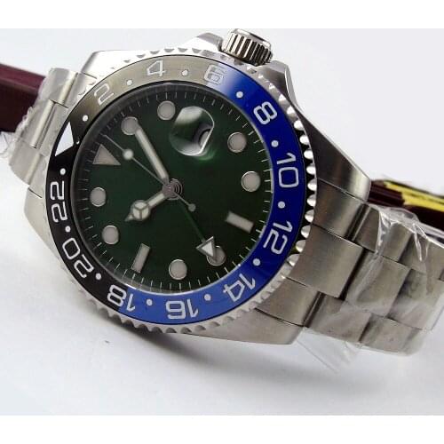 Full Stainless steel 43mm green GMT black dial Black & blue ceramic bezel sapphire glass automatic movement Mens watch