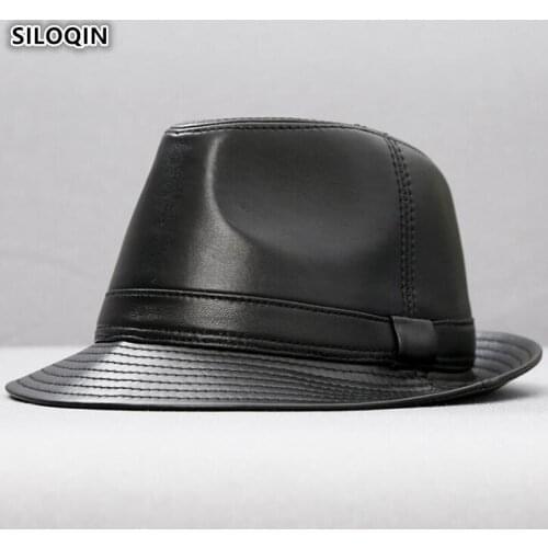SILOQIN Mens Sheepskin Leather Fedoras Genuine Leather Hat Autumn Winter Men Jazz Hats Simple Fashion Trend Black Leather Caps