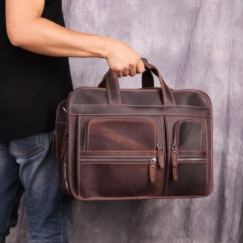 Men Briefcase Genuine Leather Briefcases Vintage Design 17 Inch Laptop Business Travel Bag Crossbody Shoulder
