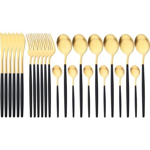 24Pcs Black Gold Dinnerware Set Stainless Steel Cutlery Set Knives Fork Spoons Dinner Set Home Kitchen Silverware Tableware Set