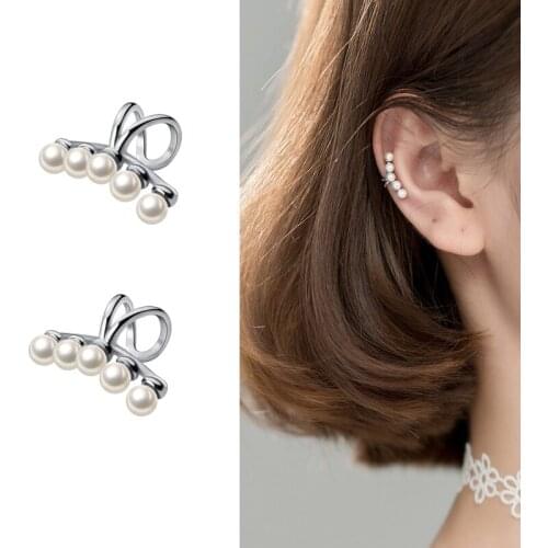 Genuine 925 Sterling SIlver Five Small Pearls Ear Cuff Wrap Earrings Non-Pierced Cartilage Earring for Women