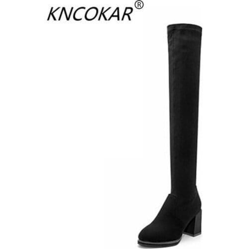New winter 2018 over-the-knee womens boots thin leg stretch cloth boots long boots pointed womens shoes thick heel shoes