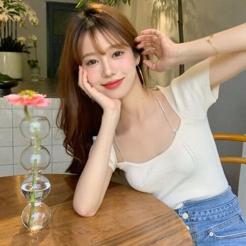 Summer Design Girlfriend Honey Ice Silk Knit Square Collar Shirt Repairing Meat Short Sleeve T-Shirt Top