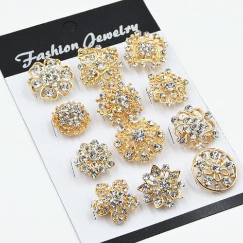 Stunning Clear Diamante 12PCS Mixed Flower Bridal Bouquet Brooch Hot Selling Gold Tone Women Wedding Cake Pins
