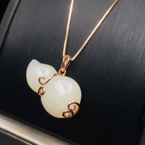 S925 Silver Chinese Hand-carved Hetian White Jade Gourd Pendant Necklace Lucky Amulet Fine Jewelry Gift