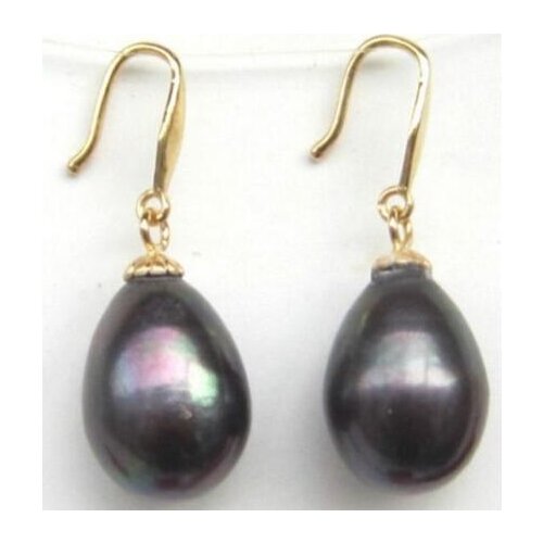 Free shipping>>>>noble jewelry 11-13MM AAA black Freshwater PEARL DANGLE EARRING 14K GOLD