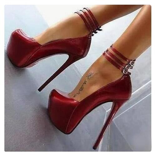 Sexy Buckle Platform High Stiletto Heels Pumps Women Shoes Double Ankle Wraps Wedding Shoes Bride Round Toe Women Shoes High
