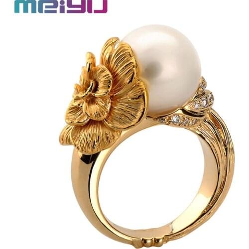 Creative Rose Flower Pearl Ring Fashion 14k Gold Plated Micro Inlaid Zircon Promise Womens Ring Metal Female Engagement Jewelry