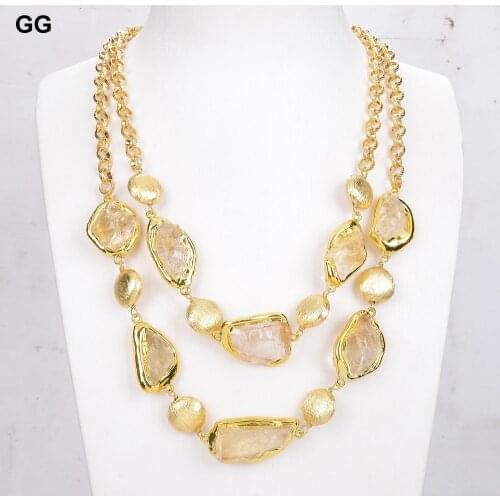 GuaiGuai Jewelry 21" 2 Strands Natural Citrines Rough Brushed Beads Gold Color Plated Necklace