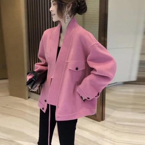 Womens Design Woolen Jacket 2021 Autumn Winter Loose Fashion Female Coat V-Neck Belt Foreign Chic Solid Color Outerwear Tops