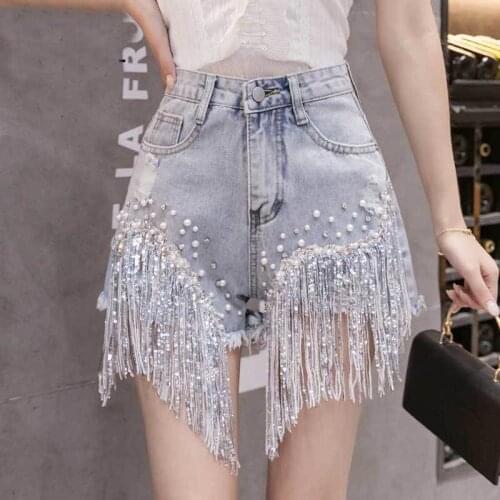 Women 2021 Summer New Fashion Slimming Heavy Beaded Sequin Shorts Female Fringed Denim Shorts Ladies Ripped Wide Leg Shorts Y118