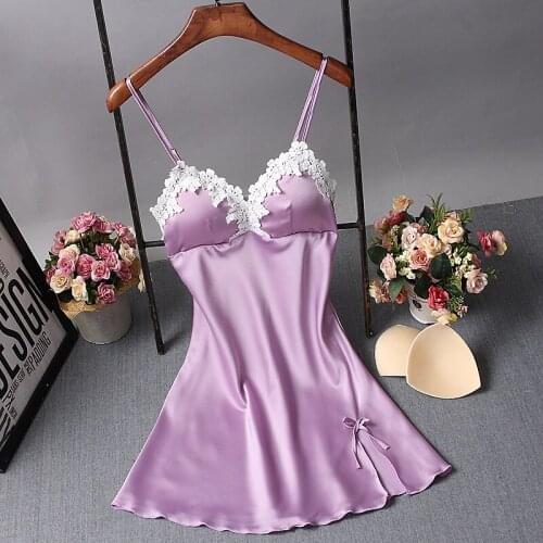 Women Nightgowns Sexy Satin Sleepwear Silk Nightwear Spaghetti Strap Lace Nightgowns Sleepshirts Sleep & Lounge with Chest Pads