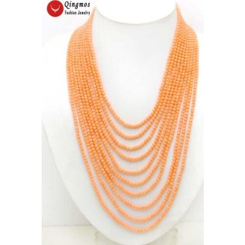 Qingmos Natural Pink Coral 10 Strands Necklace for Women with 3-4mm Genuine Pink Coral Necklces Jewelry 18-25" Chokers nec6093