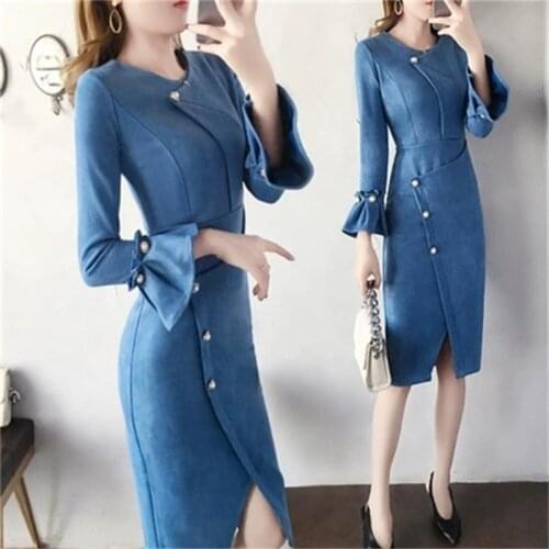 Dress female autumn and winter New high-end temperament ladies Slim trumpet sleeves professional bag hip fitted dresses women