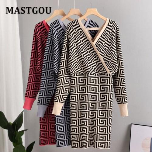 MASTGOU Geomatric Knit Long Women Sweater Dress Sexy Double V Neck Midi Dresses Autumn Winter A Line Dress Above Knee Mini Dress